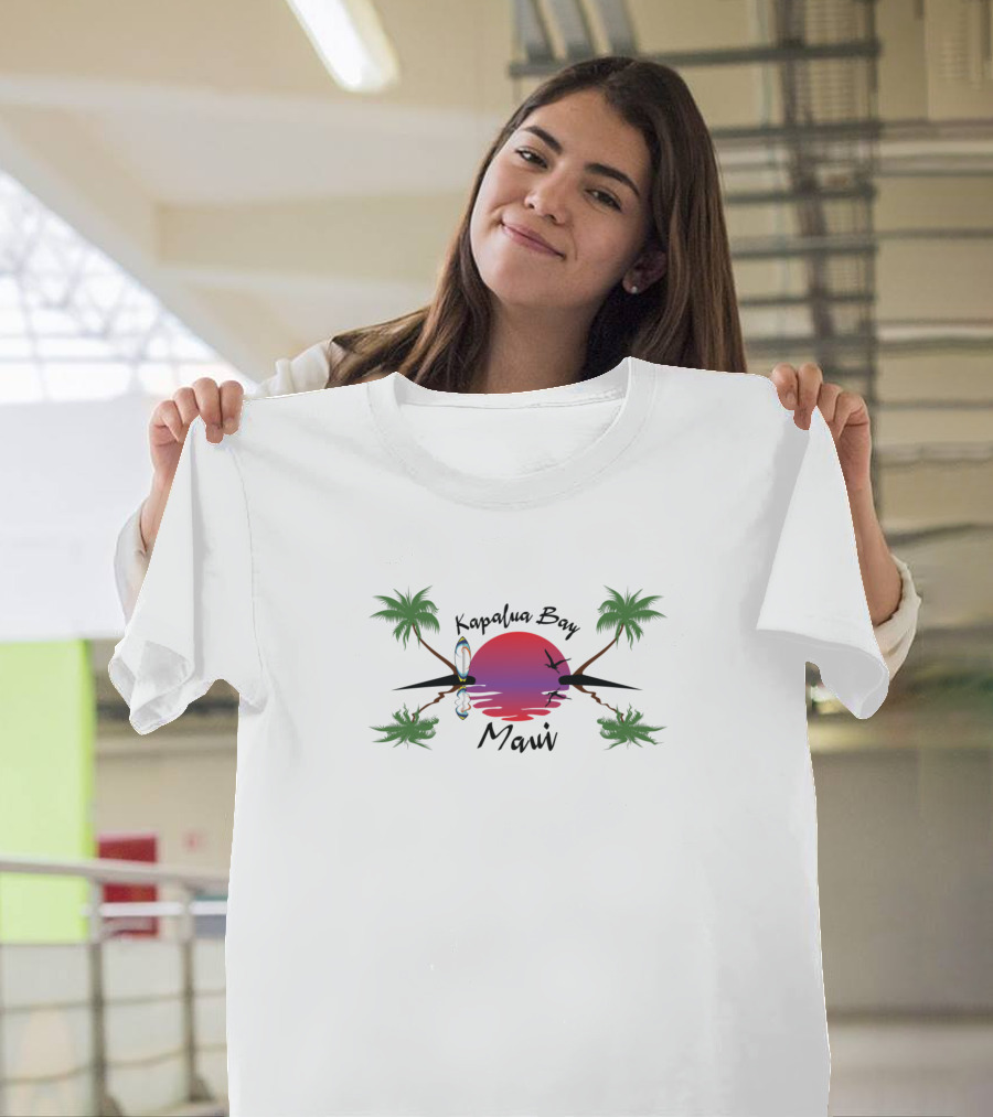 Kapalua Bay Maui Sunset with Palm Trees and Surfboard T-Shirt