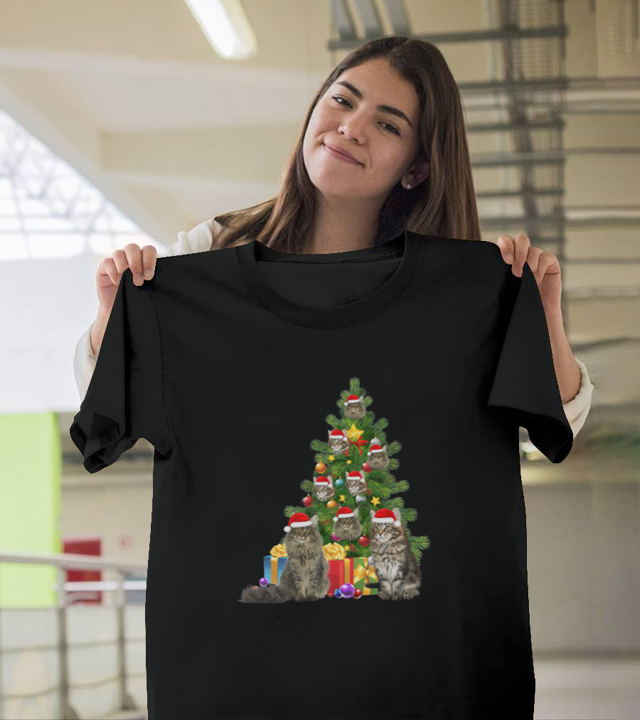 Maine Coon Cats with Santa Hats in a Christmas Tree Scene with Gifts T-Shirt