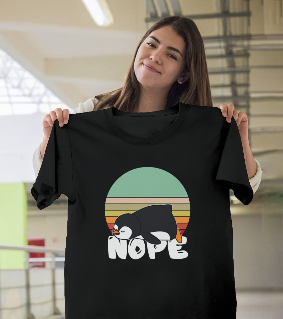 Nope Penguin Sleeping Retro Sunset Stripes T-Shirt