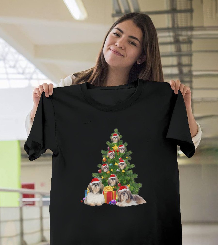 Shih Tzu Dog Christmas Tree with Santa Hats and Holiday Gifts T-Shirt