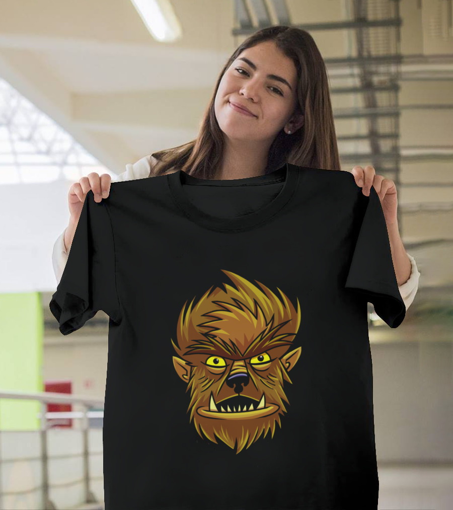 Wolfman Fierce Yellow Eyes and Sharp Teeth Monster Face T-Shirt