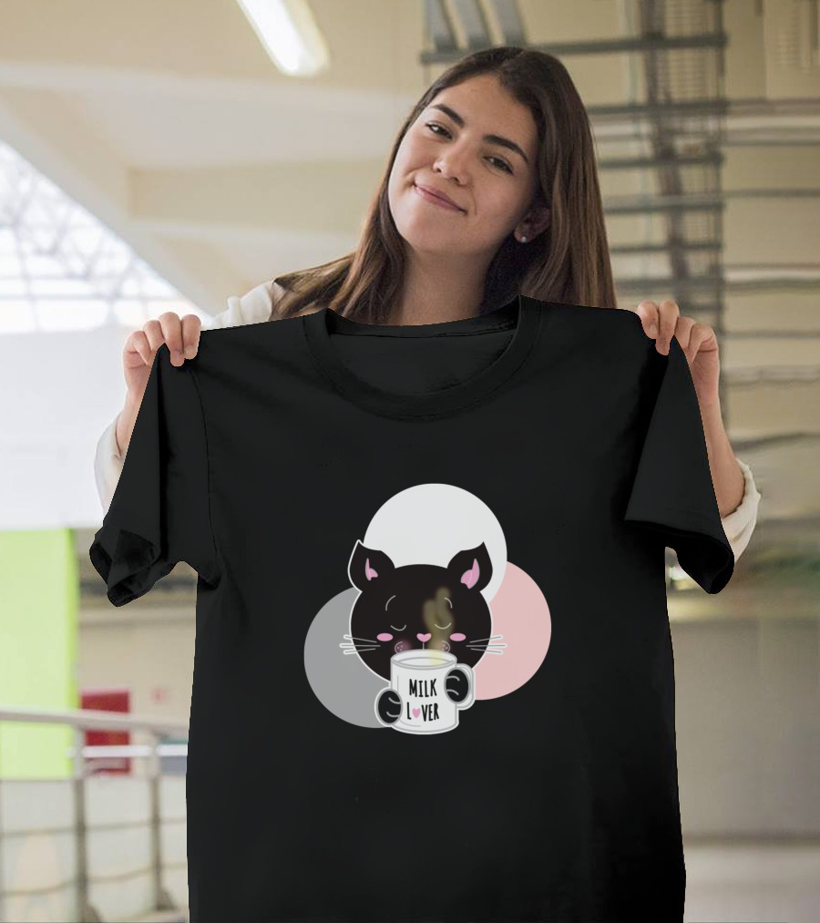Milk Lover Black Cat with Cup of Warm Beverage T-Shirt