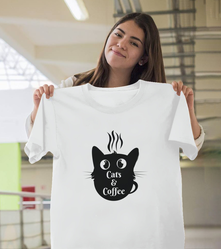 Cats and Coffee Silhouette Whiskers Steam Eyes T-Shirt