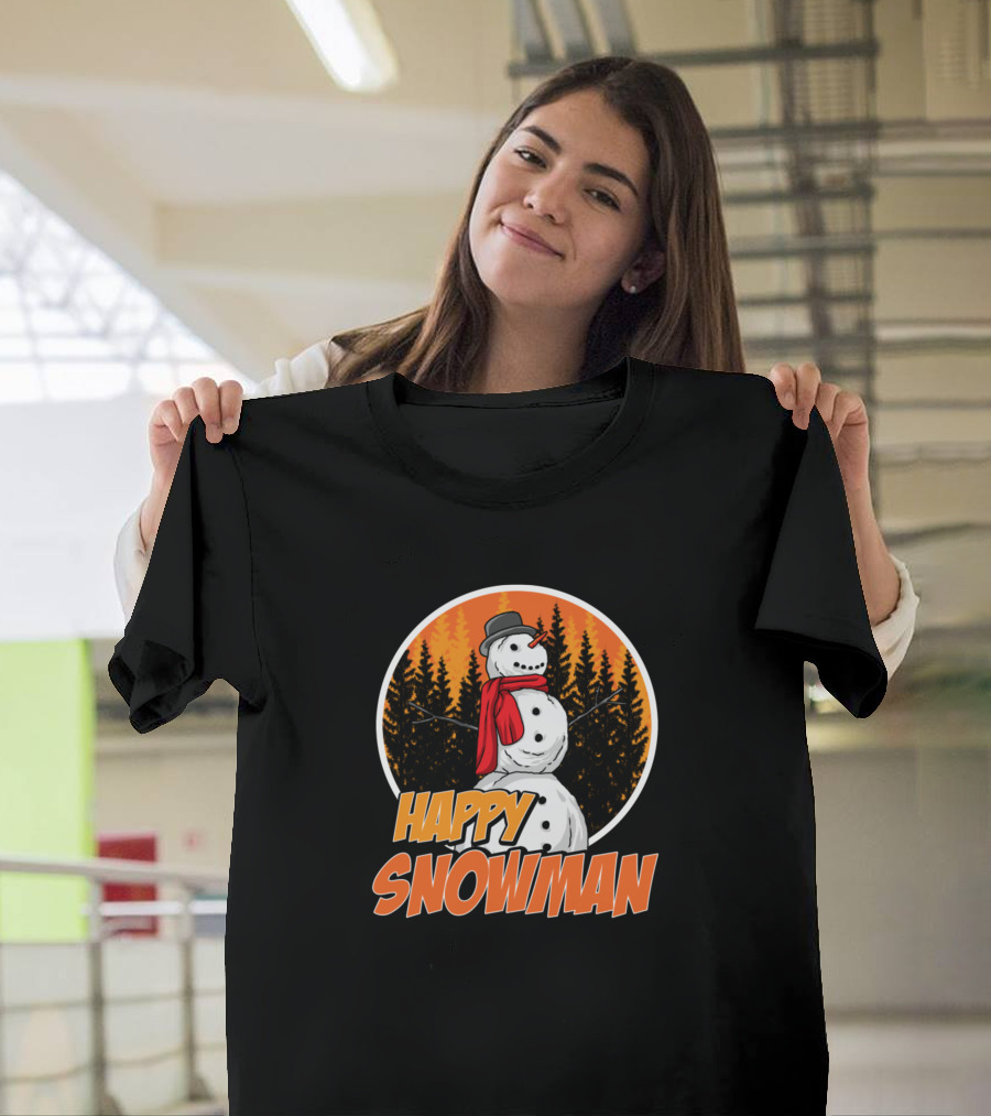 Happy Snowman in Forest with Orange Sky T-Shirt
