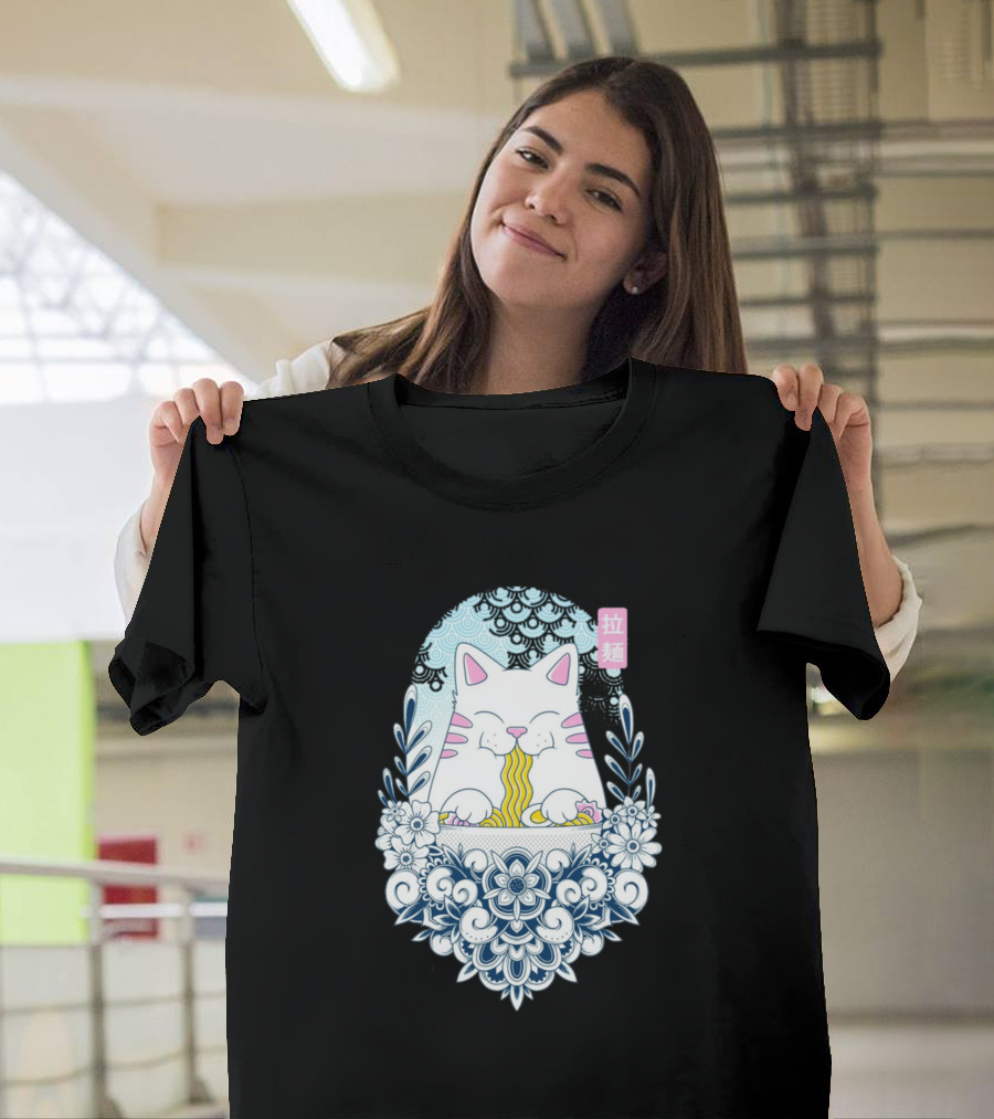 Ramen Cat Floral Border Japanese Style Eating Noodles T-Shirt