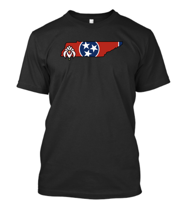 State Of Tennessee Map With Flag Emblem And Iris Flower T-Shirt