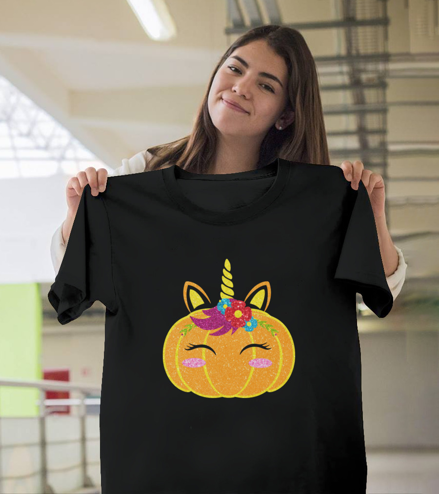 Unicorn Pumpkin Glittery Flower Crown Halloween T-Shirt