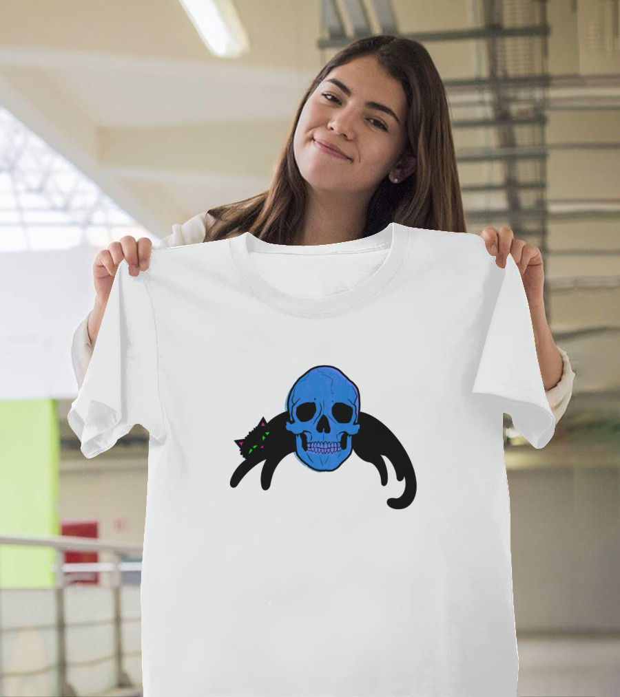 Death By Snuggles Blue Skull Black Cat T-Shirt