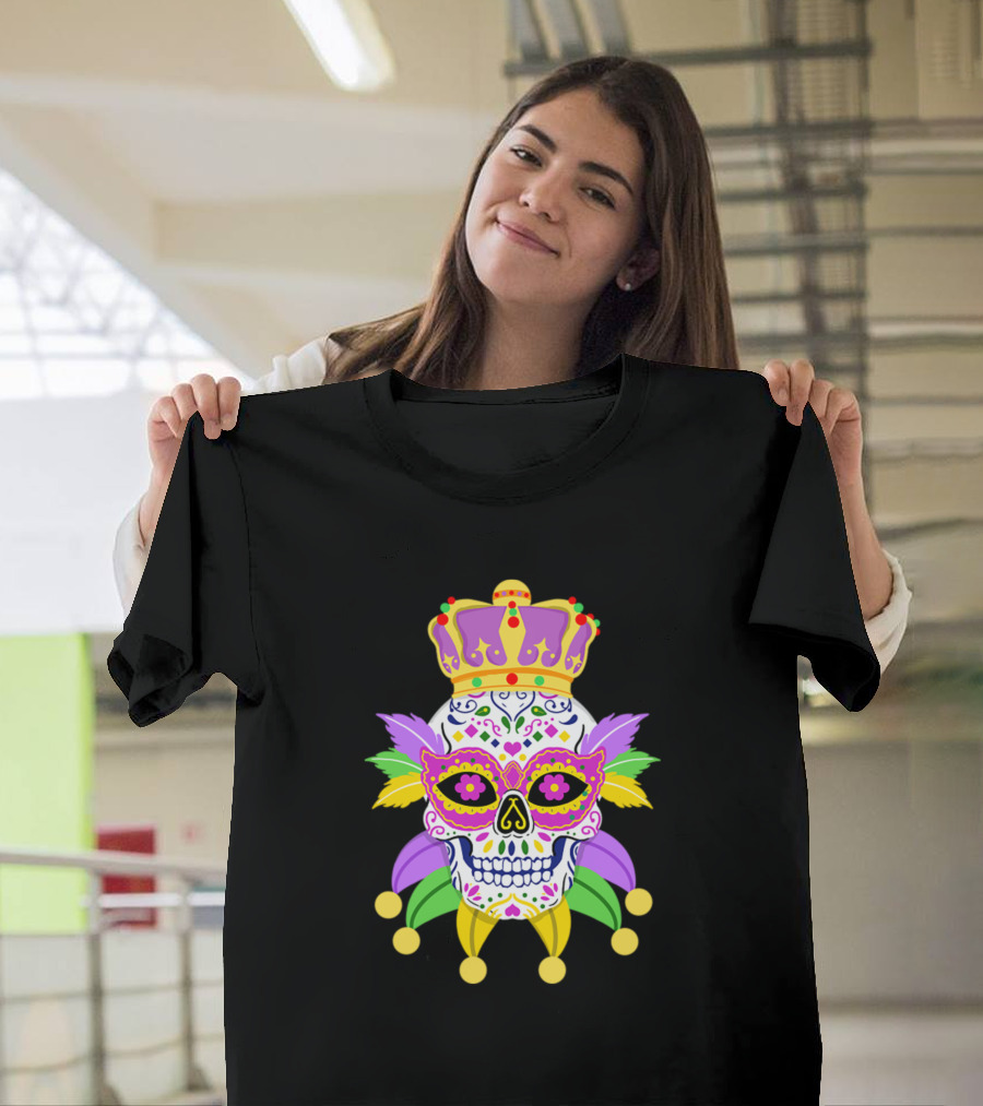 Mardi Gras Sugar Skull with Crown and Jester Elements T-Shirt