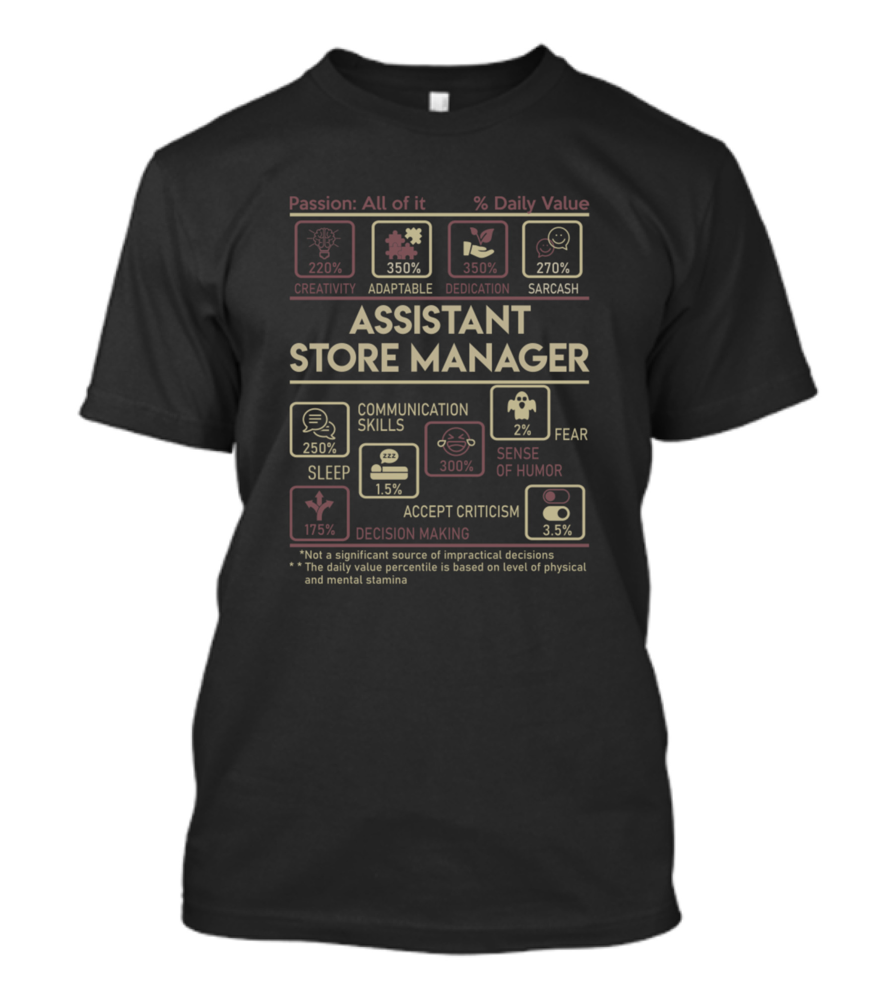 Passion All Of It Creativity Adaptable Dedication Sarcasm Communication Skills Fear Humor Sleep Decision Making Assistant Store Manager T-Shirt