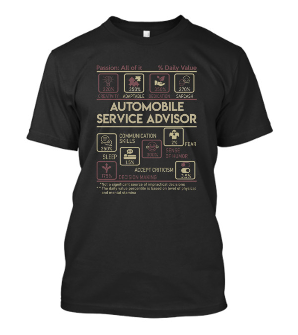 Automobile Service Advisor Multitasking Passion Creativity Adaptable Dedication Sarcasm Communication Skills Sense Of Humor Sleep Accept Criticism Decision Making T-Shirt
