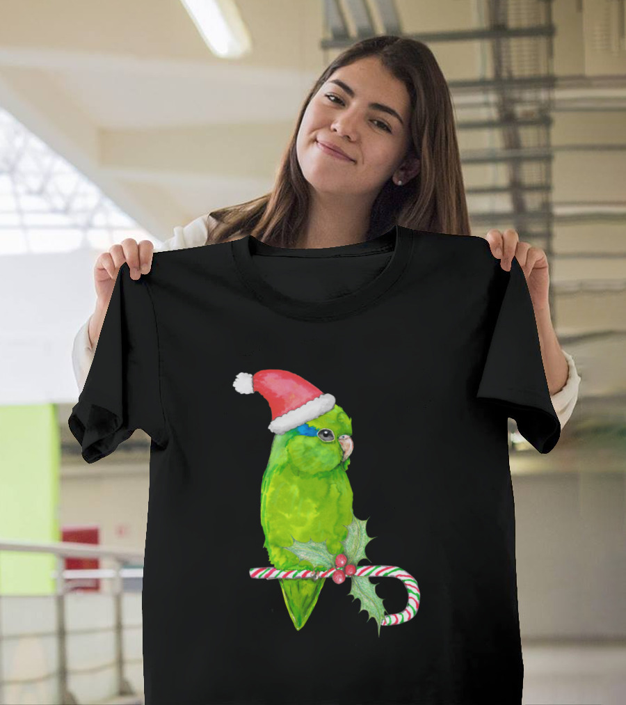 Green Parrotlet with Santa Hat and Candy Cane Holiday T-Shirt