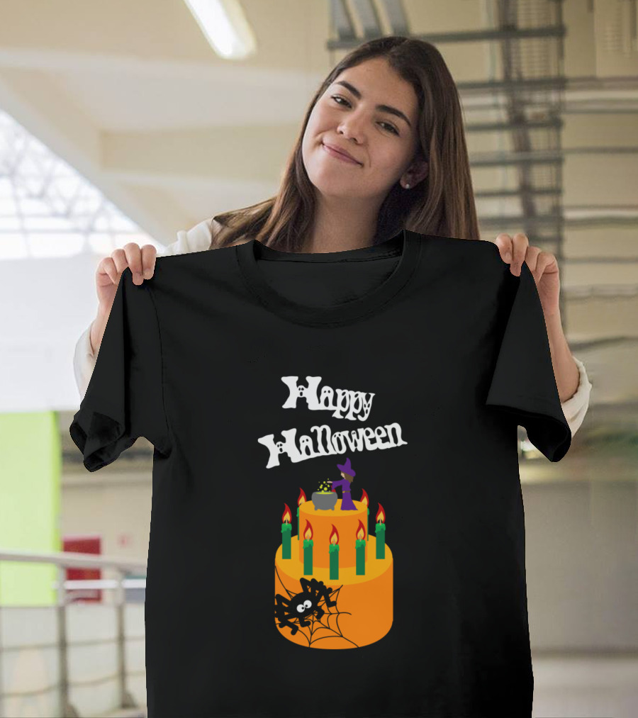 Happy Halloween Cake with Spider and Witch Hat T-Shirt