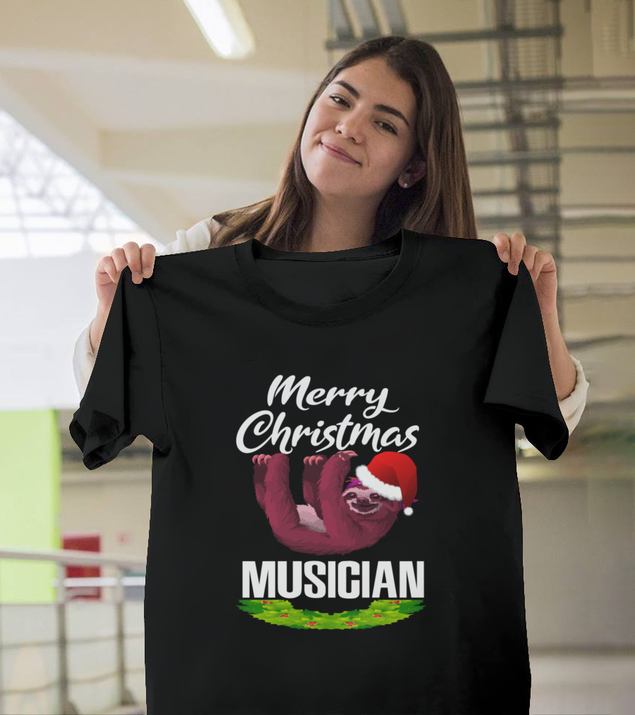 Merry Christmas Musician Sloth with Santa Hat and Wreath T-Shirt