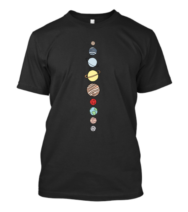 Solar System Planets Vertical Lineup With Illustrations Of Mercury, Venus, Earth, Mars, Jupiter, Saturn, Uranus, Neptune, And Pluto T-Shirt