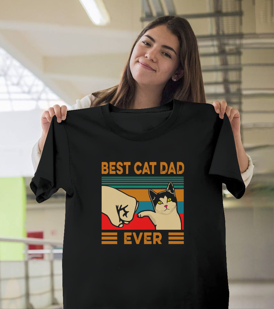 Best Cat Dad Fist Bump Ever Retro Stripes T-Shirt