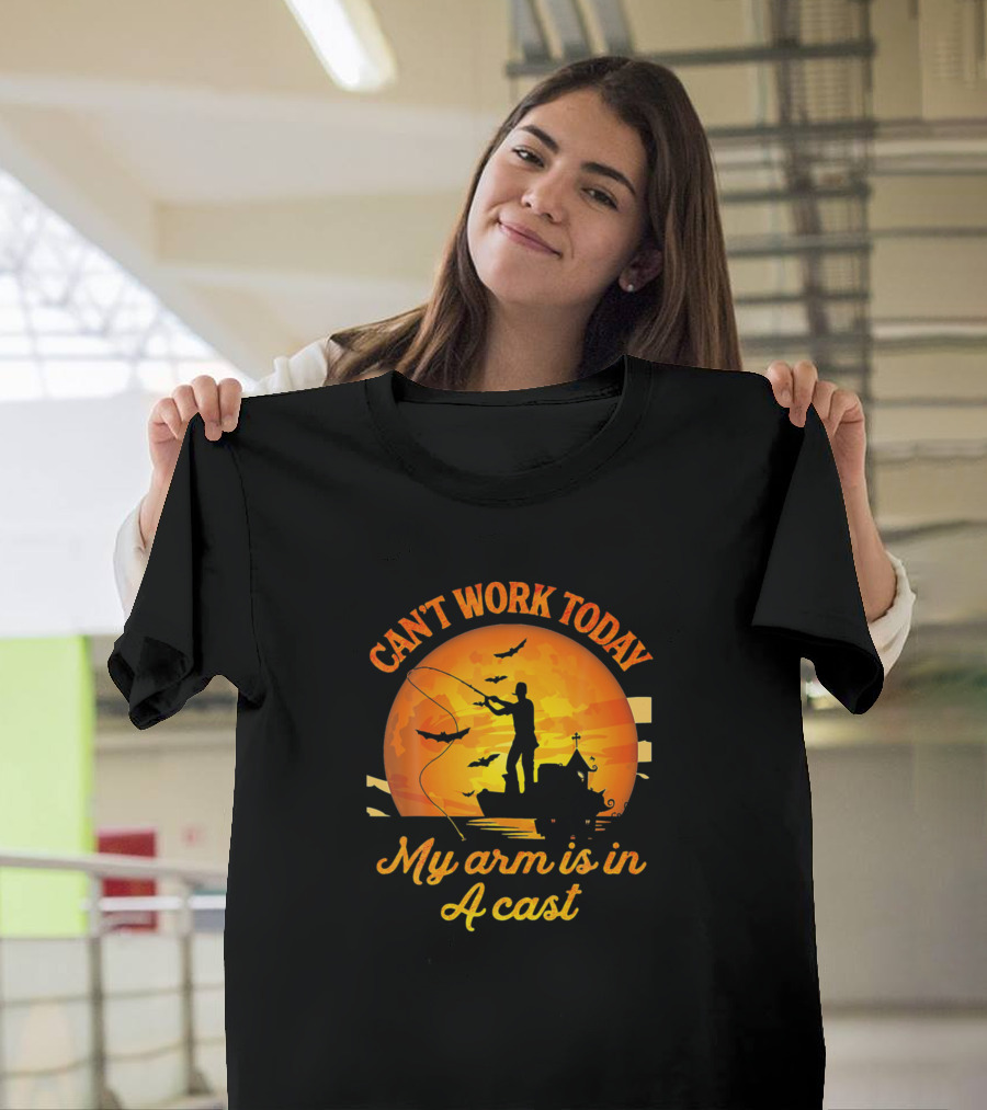 Can't Work Today My Arm Is In A Cast Fishing Silhouette Against Sunset T-Shirt