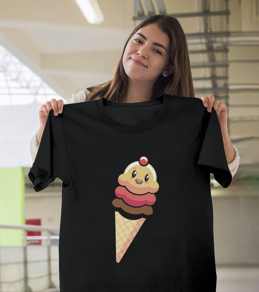 Kawaii Smiling Ice Cream Cone With Cherry Top T-Shirt