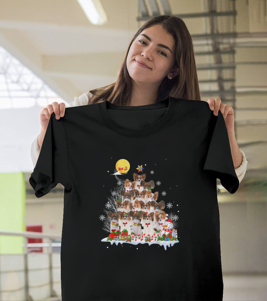 Papillon Dog Christmas Tree with Reindeer Santa and Snowman Scene T-Shirt