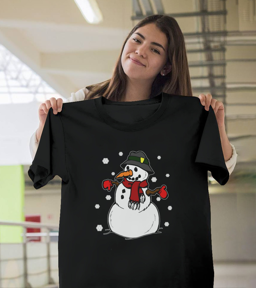 Christmas Snowmen with Red Scarf and Black Hat Surrounded by Snowflakes T-Shirt