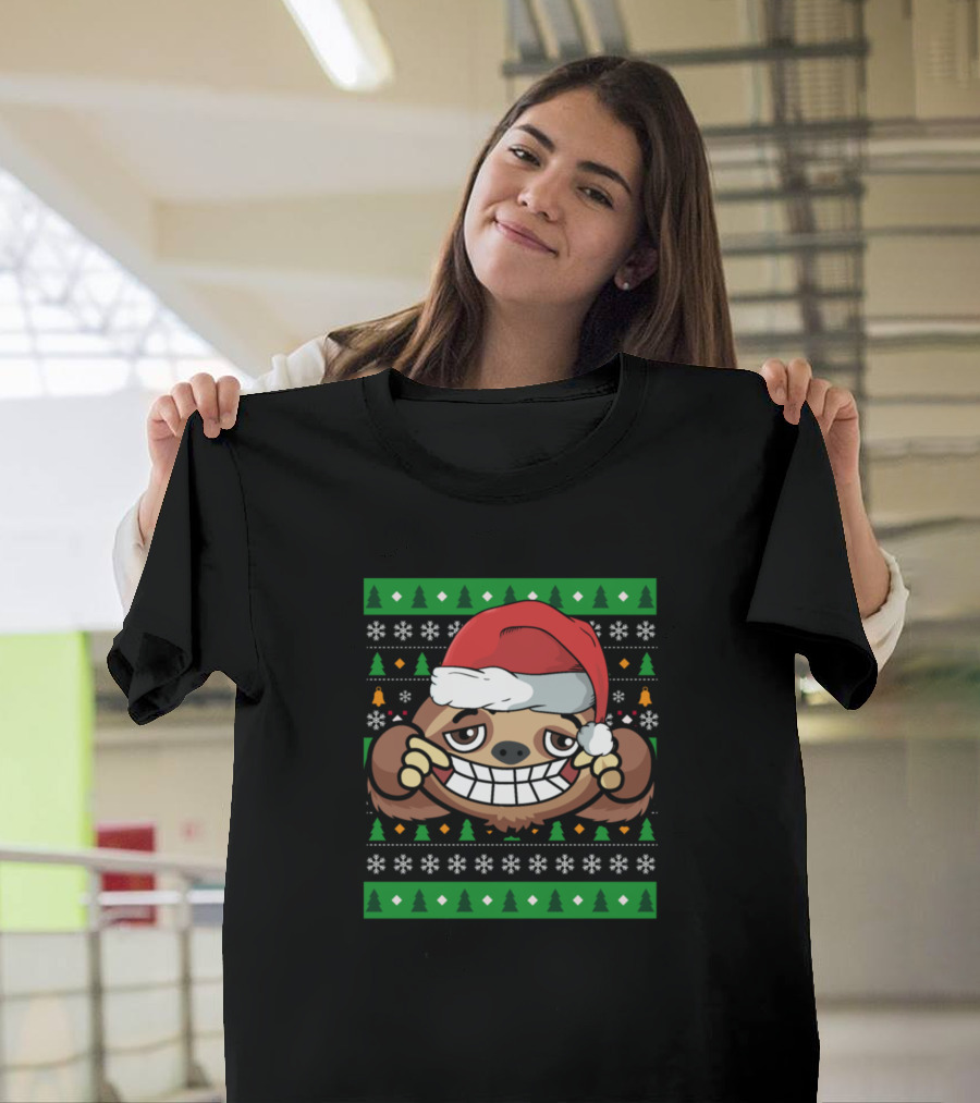 Christmas Sloth Ugly Sweater Santa Hat Holiday T-Shirt