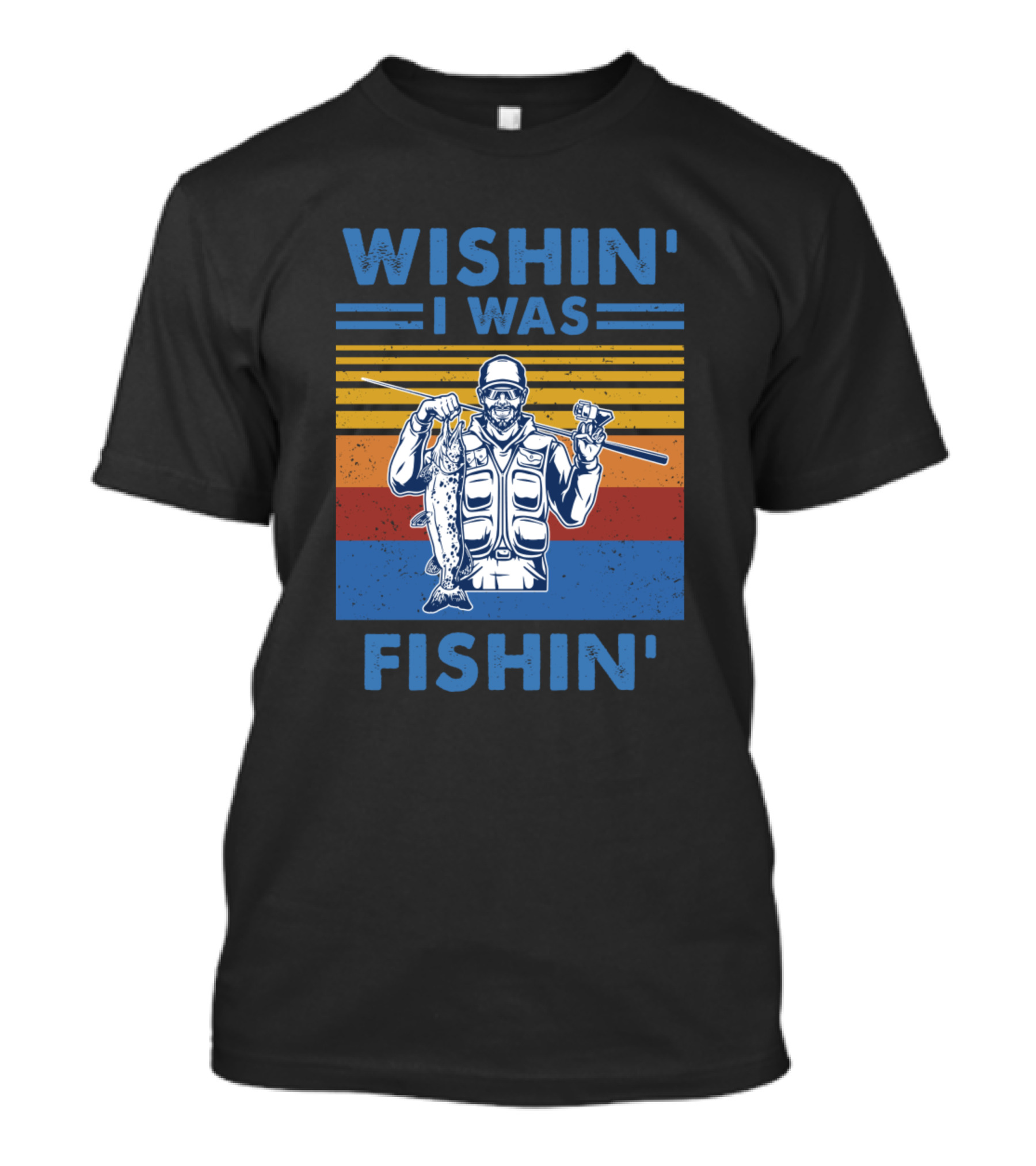 Wishin I Was Fishin Vintage Fisherman Holding Catch Retro Stripes T-Shirt