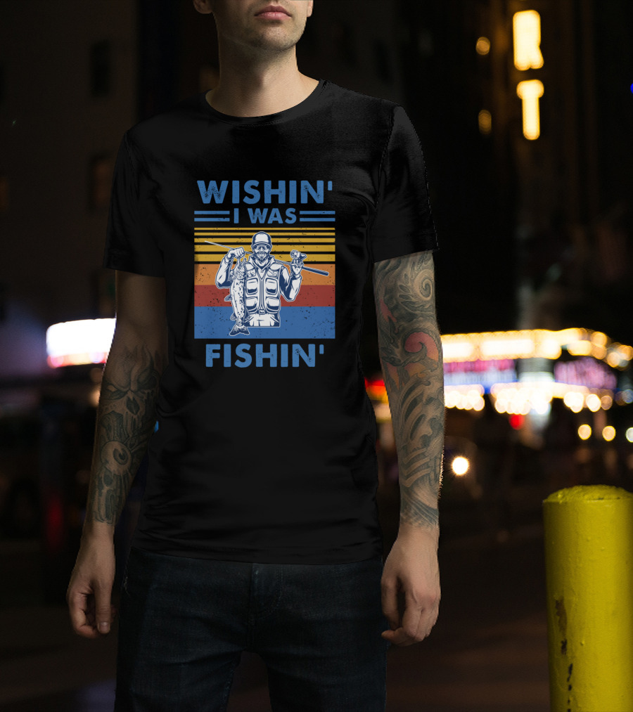 Wishin I Was Fishin Vintage Fisherman Holding Catch Retro Stripes T-Shirt
