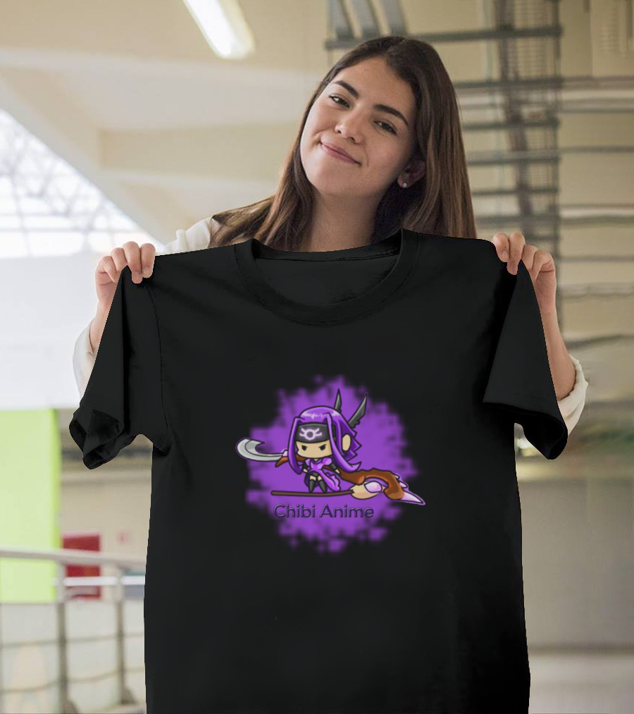 Chibi Anime Purple Warrior Character with Scythe T-Shirt
