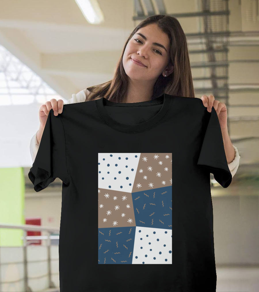 Doodle Pattern Blocks Polka Dots and Stars in Blue and Brown T-Shirt