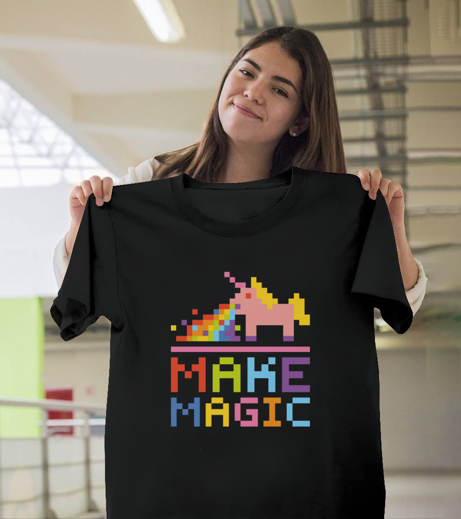 Make Magic Pixel Art Drunk Unicorn Rainbow T-Shirt