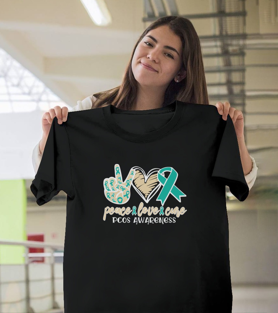 Peace Love Cure PCOS Awareness Polycystic Ovarian with Teal Ribbon Symbols T-Shirt