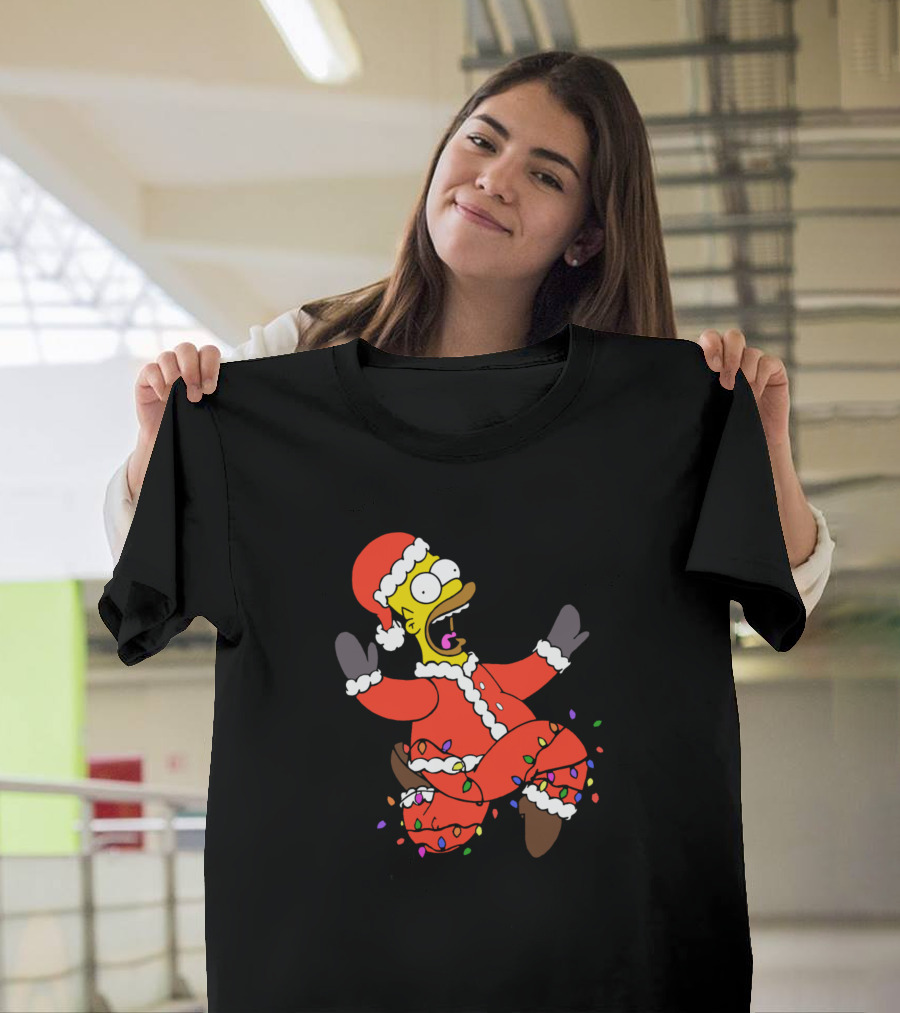 Santa Claus Homer Simpson Wrapped in Christmas Lights T-Shirt