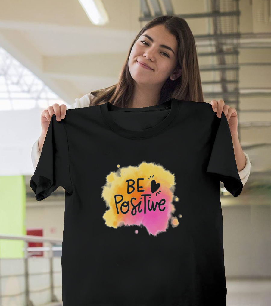 Be Positive Heart with Yellow and Pink Watercolor Splash T-Shirt