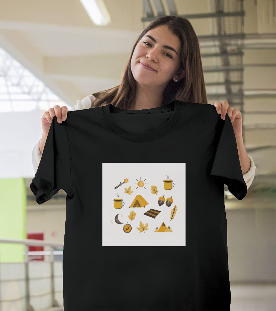 Camping Time Autumn Adventure Icons Tent Campfire Acorns Leaves Coffee Moon Sun T-Shirt