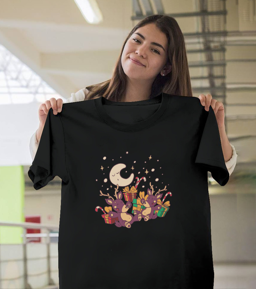 Cute Reindeers With Presents and Candy Canes Under Sleeping Moon T-Shirt