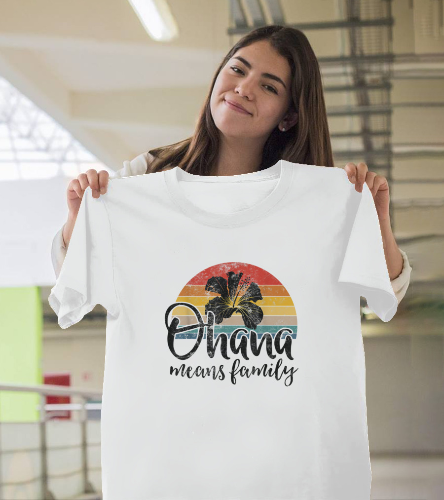 Ohana Means Family Vintage Hawaiian Flower Sunset T-Shirt