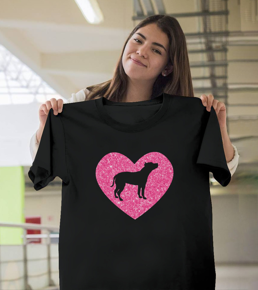 Pit Bull Silhouette Pink Heart Glitter T-Shirt