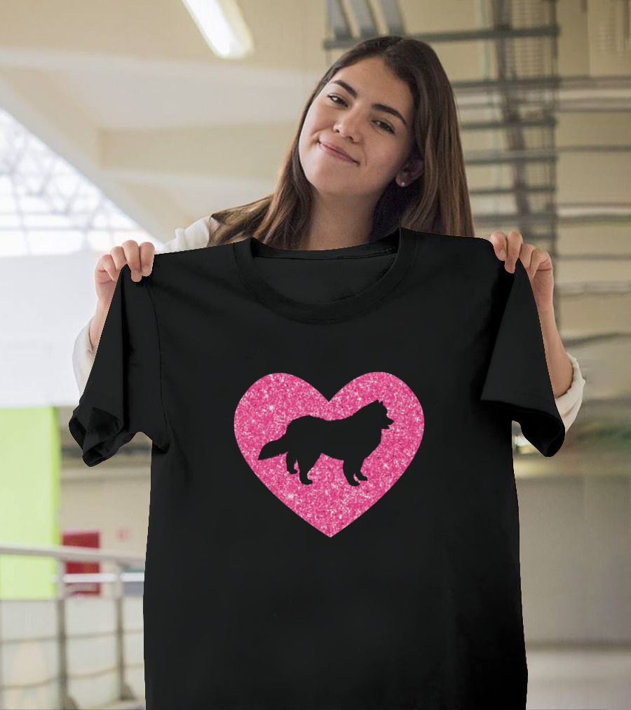 Samoyed Silhouette in Pink Glitter Heart T-Shirt