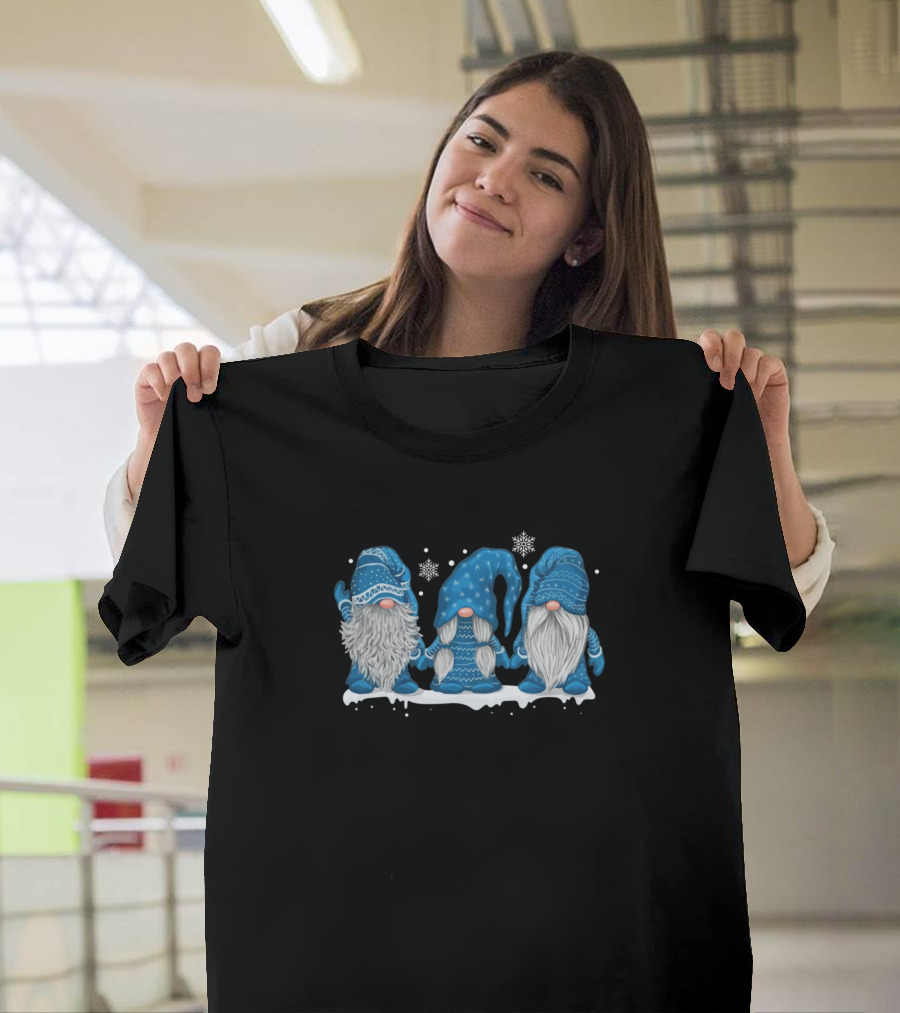 Three Blue Winter Gnomes with Snowflakes T-Shirt