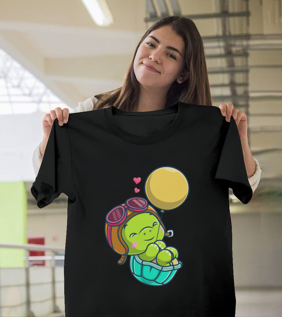 Turtle Pilot Balloon Adventure Hearts T-Shirt