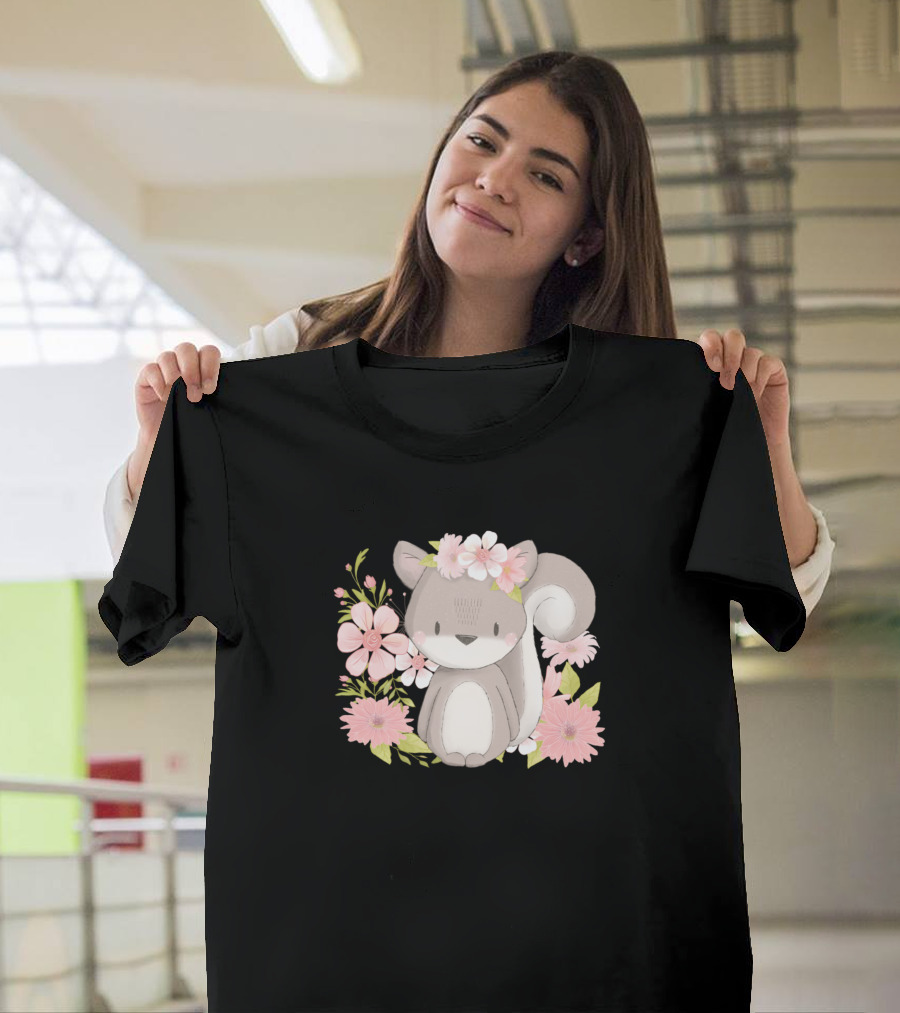 Chipmunk Squirrel with Pink Flowers Motif T-Shirt