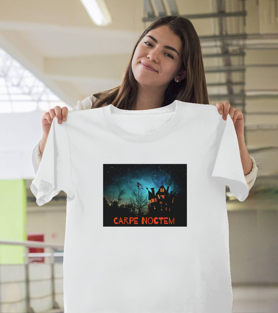 Halloween Fun Carpe Noctem Seize the Night Haunted House Silhouette with Witch Flying T-Shirt