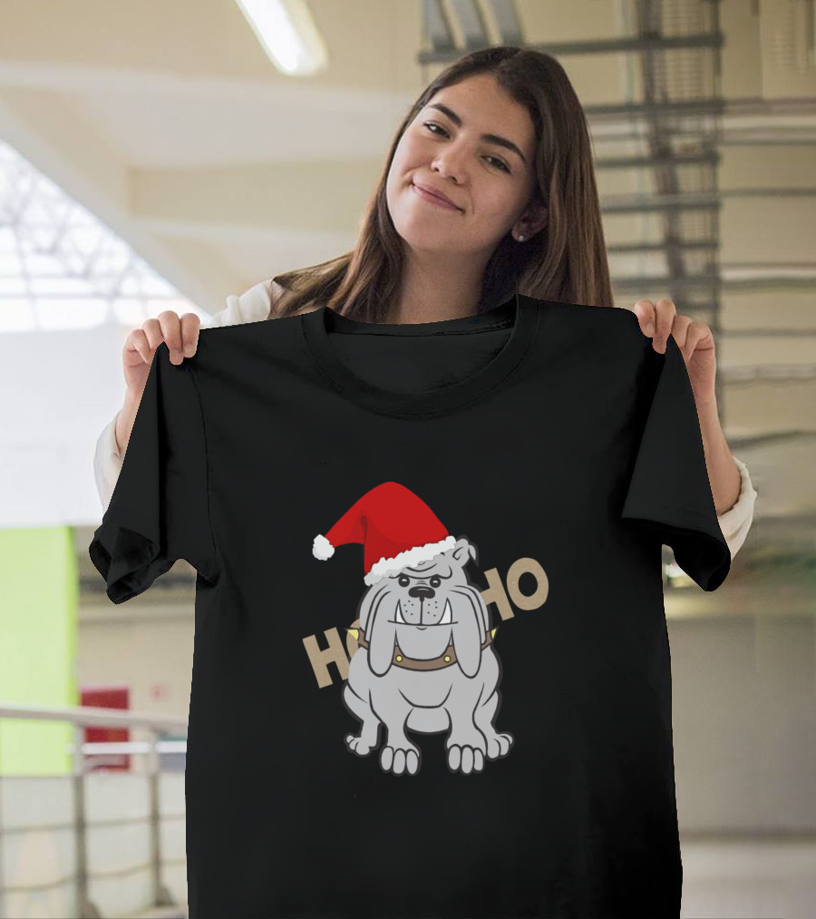 Bulldog Wearing a Santa Hat with Ho Ho Ho T-Shirt