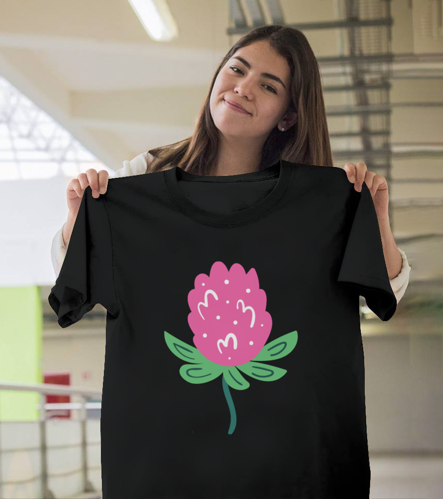 Pink Clover Flower with Green Leaves T-Shirt