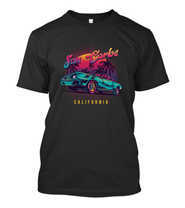 San Carlos California Retro Vintage Muscle Car With Sunset And Palm Trees T-Shirt