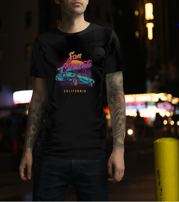San Clemente California Retro Vintage Car With Sunset And Palm Trees T-Shirt