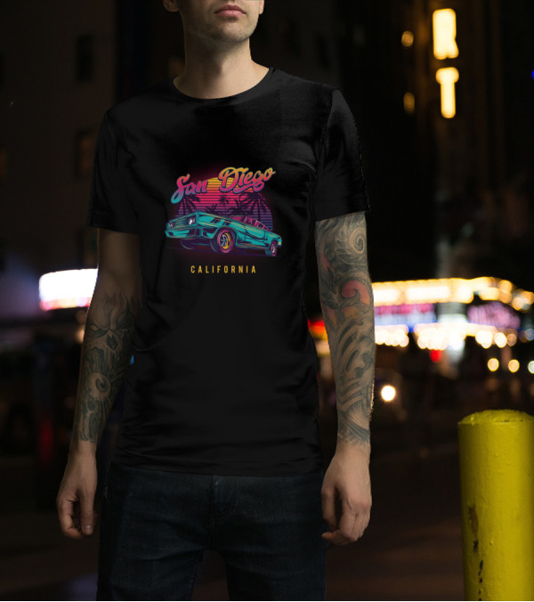 San Diego California Retro Vintage Muscle Car With Palm Trees And Sunset T-Shirt