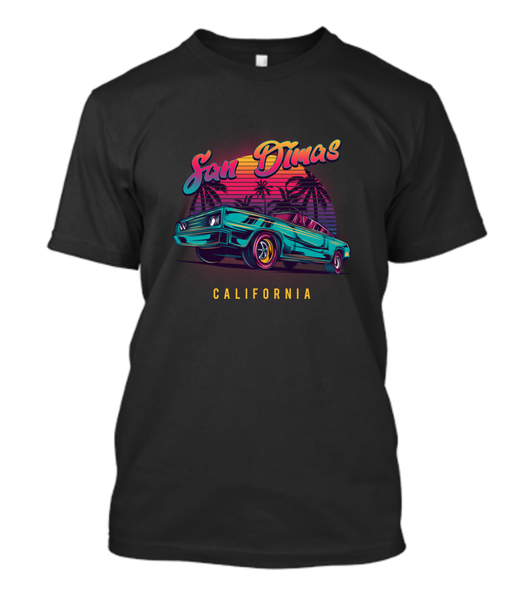 San Dimas California Retro Vintage Muscle Car With Palm Trees And Sunset T-Shirt