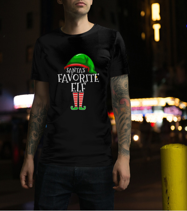 Santas Favorite Elf Green Hat Red Striped Socks T-Shirt