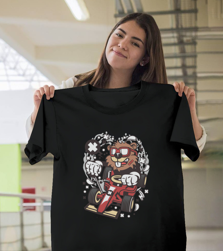 Beaver Racer in Red Kart with Racing Suit and Goggles for Animated Characters Comics T-Shirt